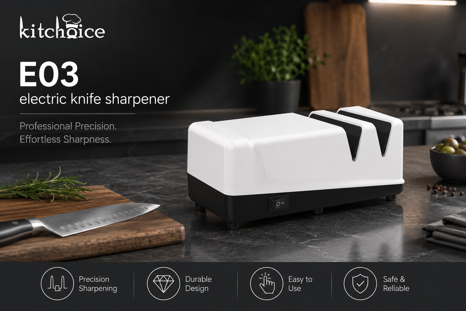 Kitchoice® E03 Professional Electric Knife Sharpener – Fast Automatic Sharpening System for Household & Kitchen Tools